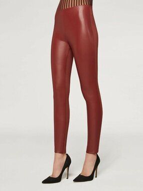 New Wolford Jo Faux Leather Jersey Leggings Currant Stretch Size 4 New $349